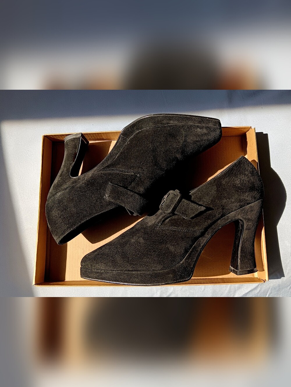 Vintage 90s Rush Hour Lush Black Suede Platform Mary Jane Flared Heel